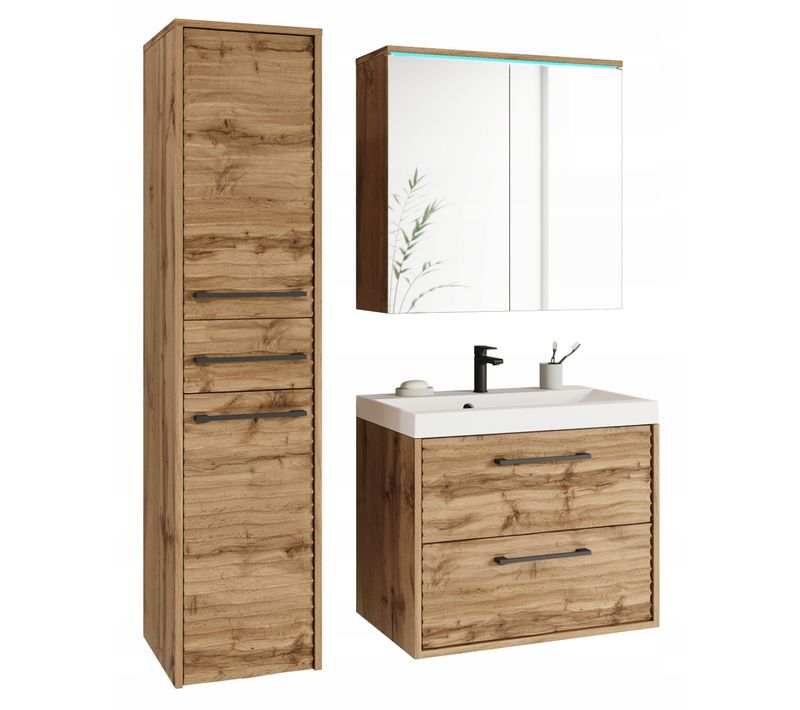 Salle De Bain Suspendue Lavabo Miroir Colonne Mdf Chêne Wotan Mat