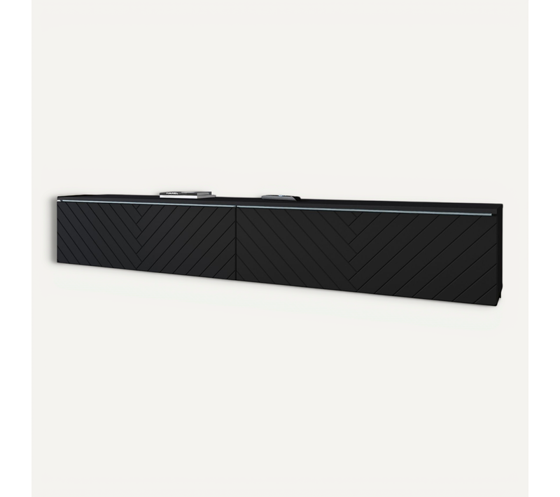 Meuble TV 180 Cm 2 Portes Sans Poignées Mdf Chevrons Noir Mat, à Poser/suspendre
