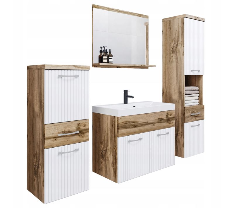 Meubles Salle De Bain Suspendus Lavabo Miroir Colonnes Mat / Mdf Rainurées