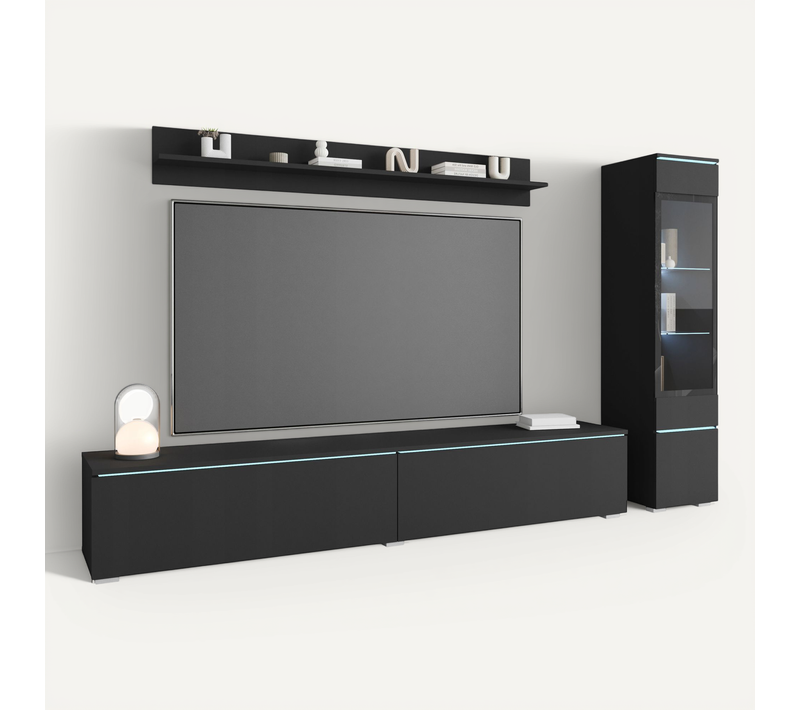 Ensemble Salon 3 éléments: TV 180 + Vitrine + étagère, Graphite Noir Mat