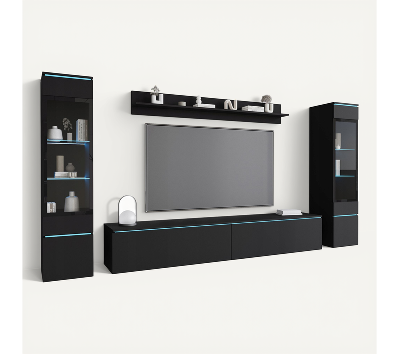 Ensemble Salon 4 éléments: TV 180 + 2 Vitrines + étagère, Graphite Noir Mat