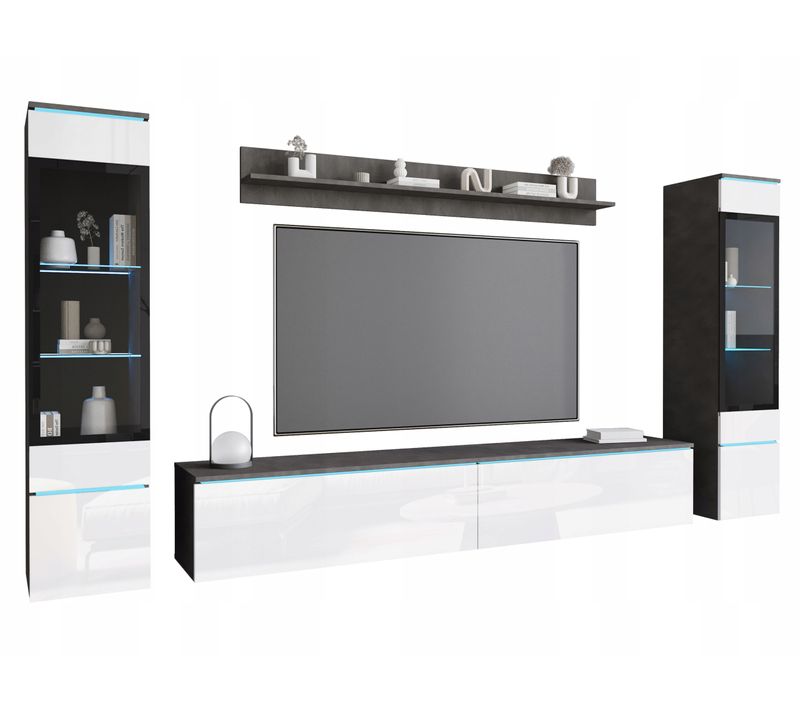 Ensemble Salon 4 éléments: TV 180 + 2 Vitrines + étagère, Matera / Blanc Brillant
