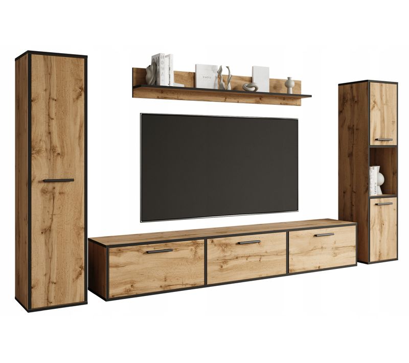 Mur TV 180 Cm 2 Colonnes + Étagère Chêne Wotan / Noir Mat