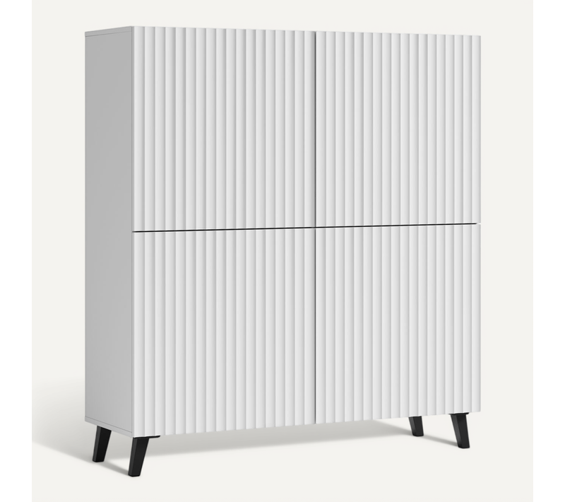 Commode Haute 120 Cm Sur Pieds, Façades Larges Rainures, Blanc Mat