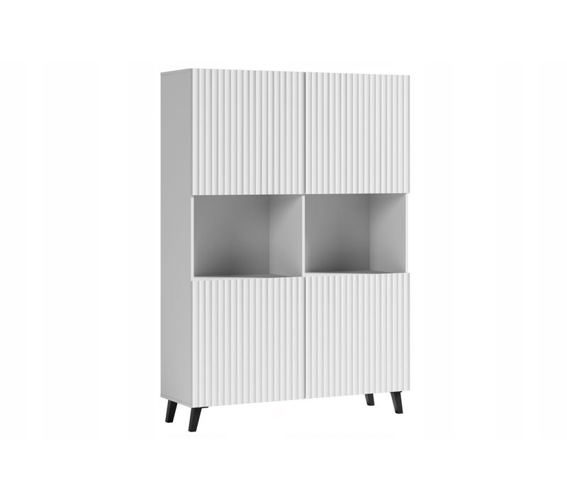 Highboard 160 Cm Sur Pieds, Façades Larges Rainures, Blanc