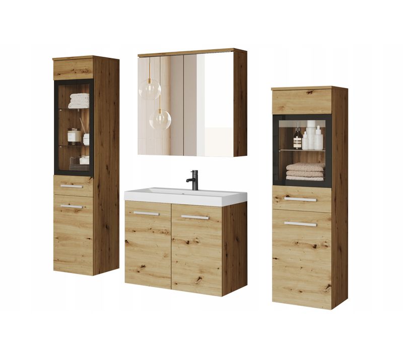 Salle De Bain Suspendue Lavabo 2 Colonnes + Armoire Miroir Chêne Artisan Mat