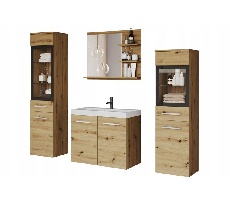 Salle De Bain Suspendue Lavabo 2 Colonnes + Miroir étagères Chêne Artisan Mat