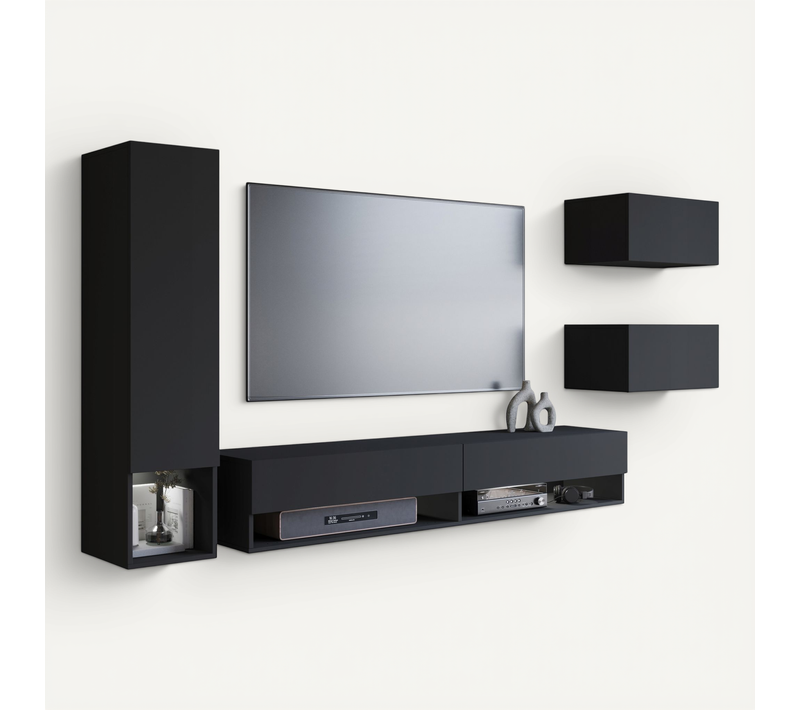 Mur TV Suspendu 180 Cm Colonne + Rangements Graphite Noir Mat