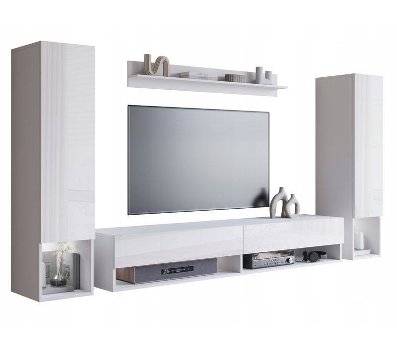 Mur TV Suspendu 180 Cm 2 Colonnes + Étagère Blanc Mat / Blanc Brillant