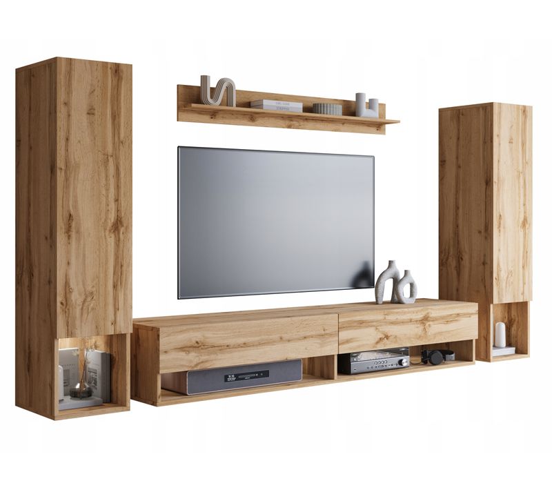 Mur TV Suspendu 180 Cm 2 Colonnes + Étagère Chêne Wotan Mat