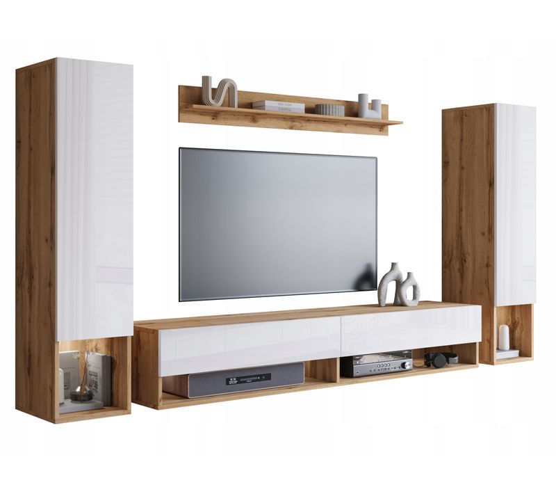 Mur TV Suspendu 180 Cm 2 Colonnes + Étagère Chêne Wotan Mat / Blanc Brillant