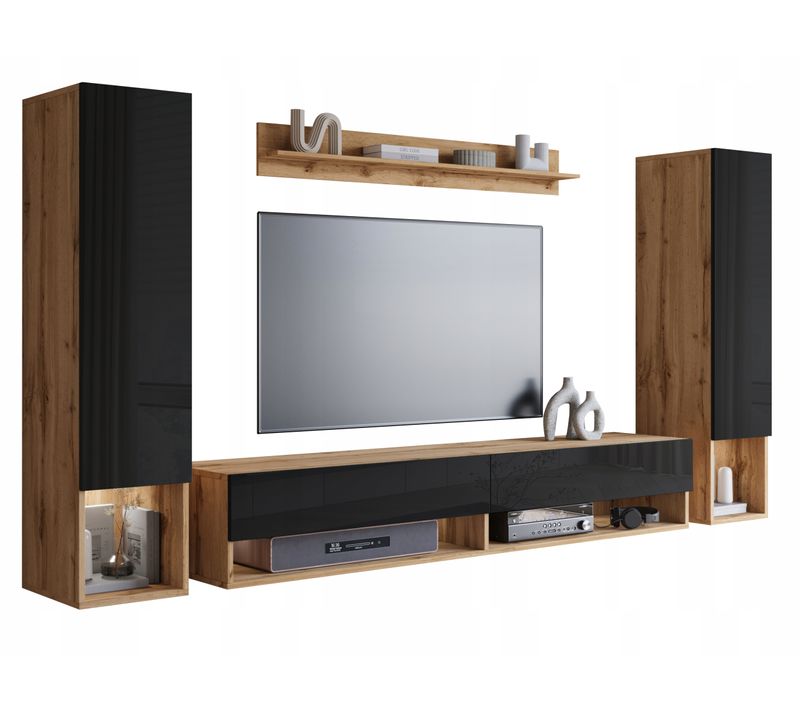 Mur TV Suspendu 180 Cm 2 Colonnes + Étagère Chêne Wotan Mat / Noir Brillant