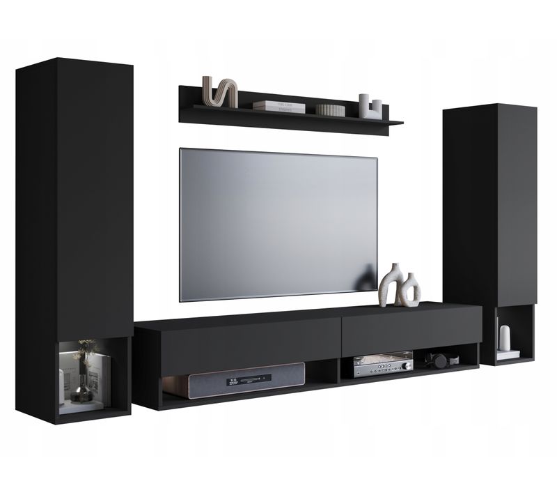 Mur TV Suspendu 180 Cm 2 Colonnes + Étagère Noir Mat