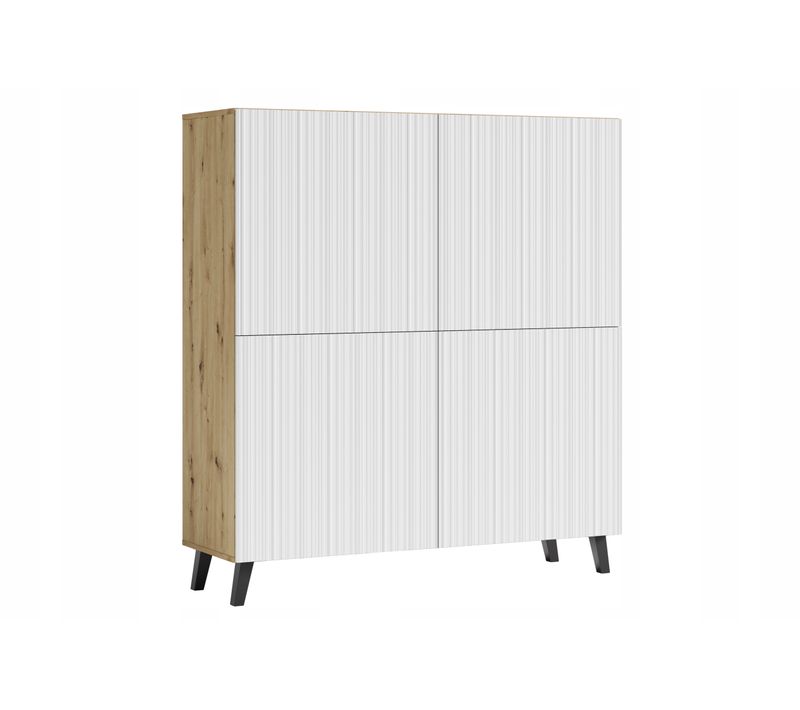 Commode Haute 120 Cm Sur Pieds, Façades Blanches Fines Rainures, Artisan