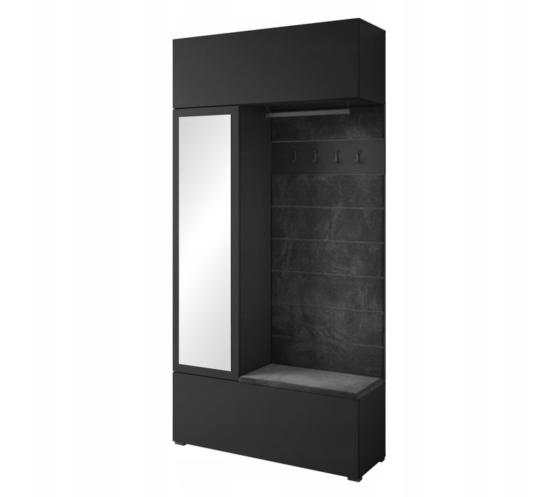 Armoire D’entrée Miroir + Assise + étagères, Noir Mat