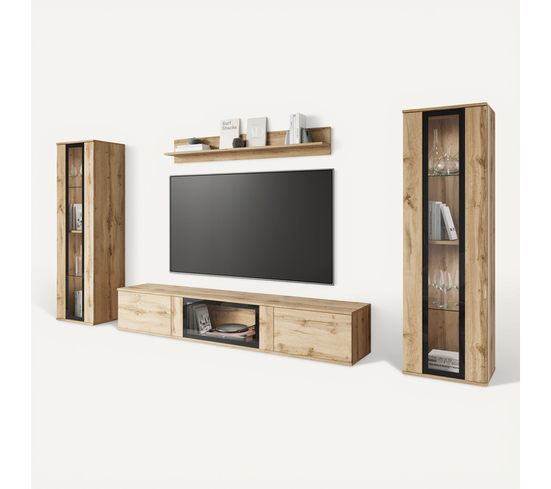 Mur TV 180 Cm 2 Vitrines Chêne Wotan Mat