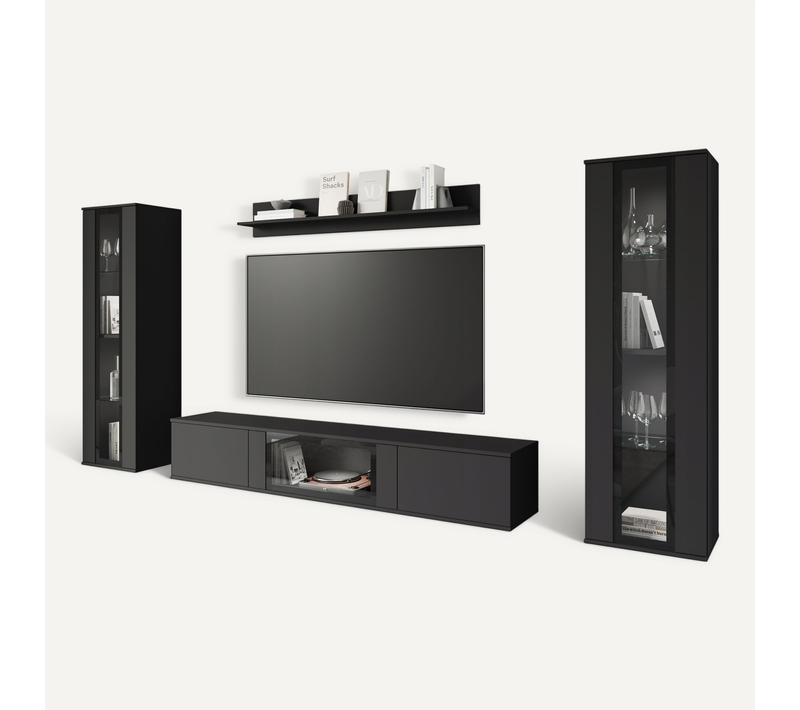 Mur TV 180 Cm 2 Vitrines Noir Mat