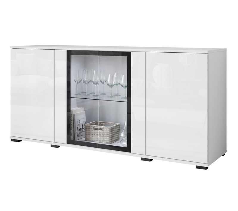 Buffet 150 Cm Vitrine Blanc Mat / Blanc Brillant