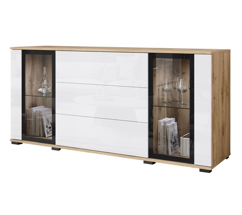 Buffet 150 Cm Vitrine + Tiroirs Chêne Wotan Mat / Blanc Brillant