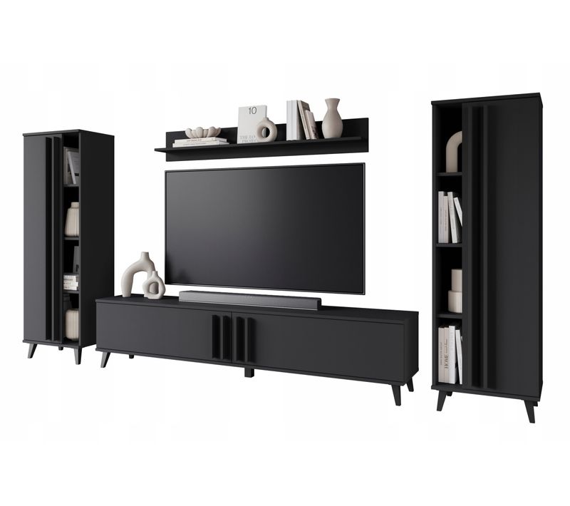 Mur TV 180 Cm Sur Pieds Étagères + Tablette Noir Mat