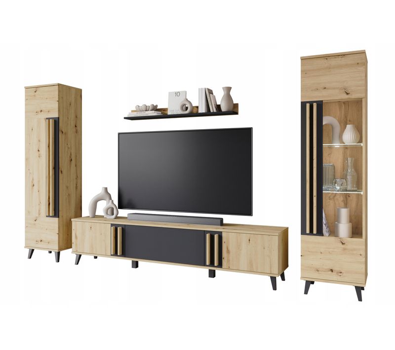 Mur TV 180 Cm Sur Pieds Vitrine + Étagère Chêne Artisan / Noir Mat