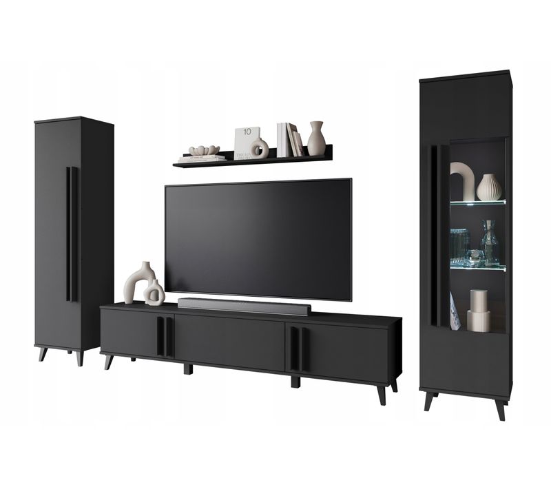 Mur TV 180 Cm Sur Pieds Vitrine + Étagère Noir Mat