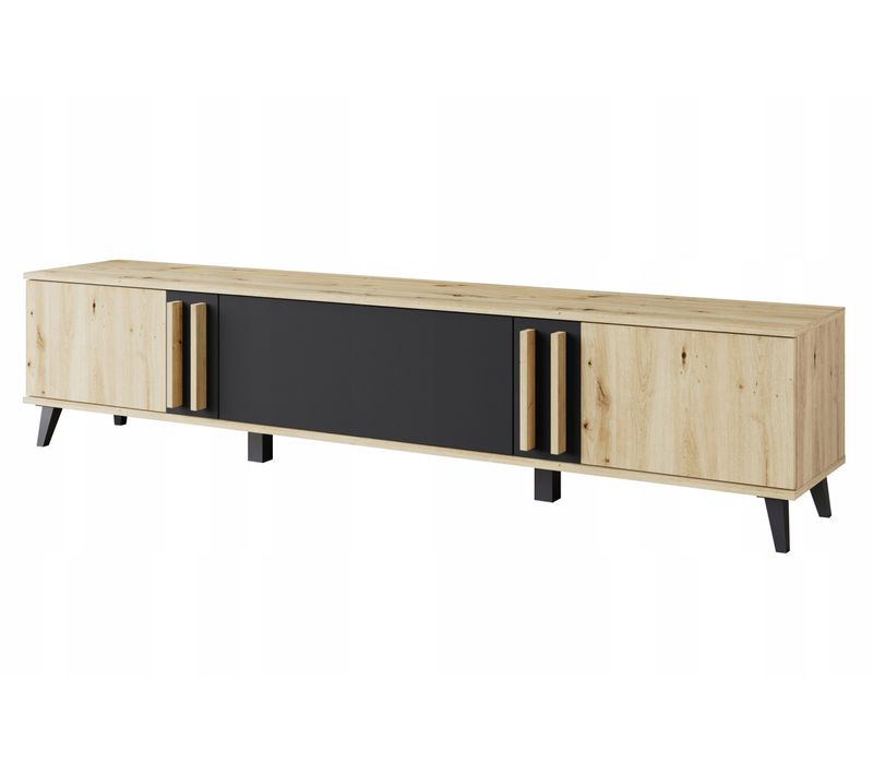 Meuble TV 180 Cm Sur Pieds Lowboard 3 Abattants Artisan / Noir Mat