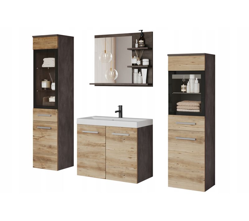 Salle De Bain Suspendue Lavabo 2 Colonnes + Miroir Étagères Matera / Châtaignier Breslau Mat