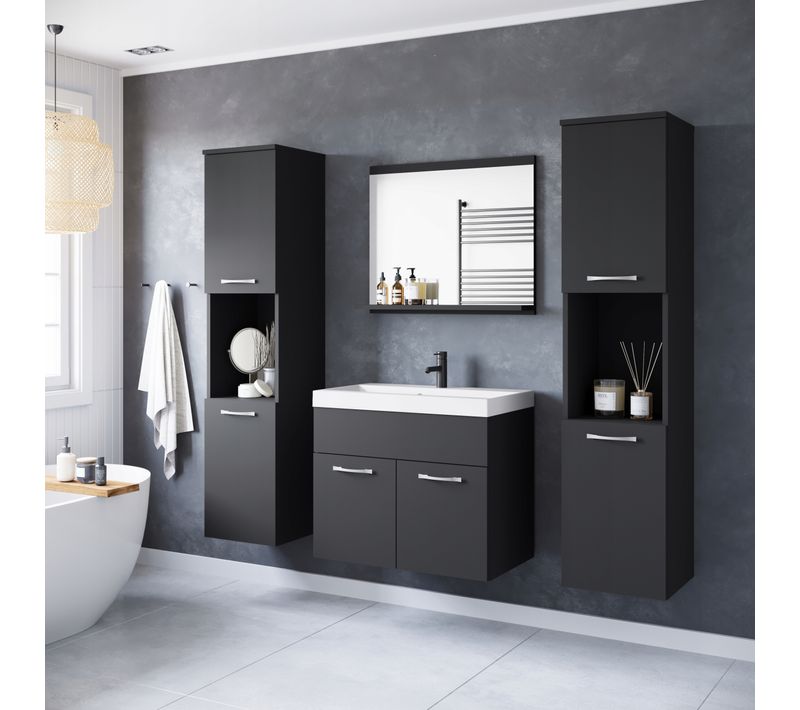 Salle De Bain Suspendue Lavabo Miroir + 2 Colonnes Noir Mat