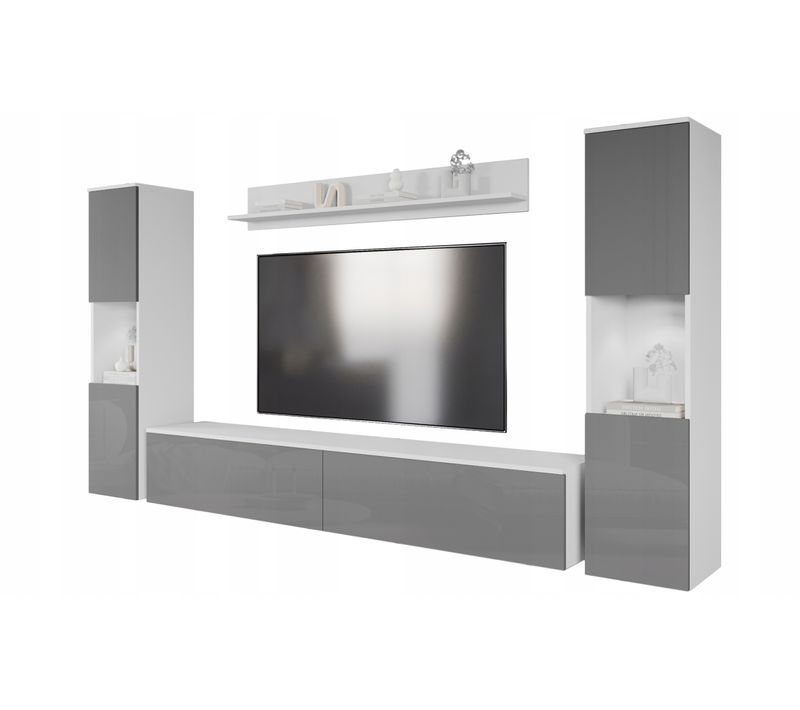 Mur TV 4 Éléments: 2 Colonnes + TV 180 Cm, Blanc Mat / Gris Brillant