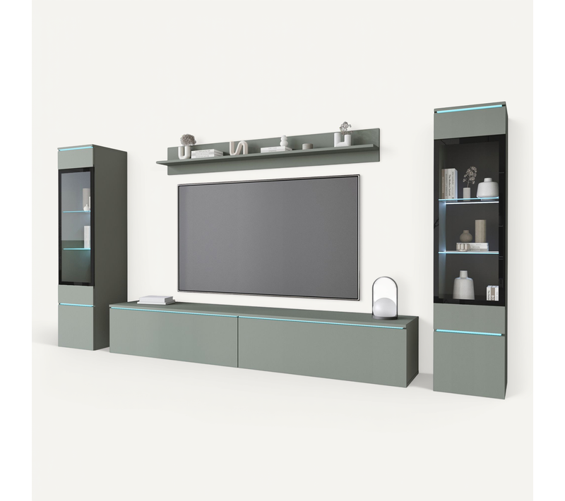 Ensemble Salon 4 éléments: TV 180 + 2 Vitrines + étagère, Vert Brumeux Mat