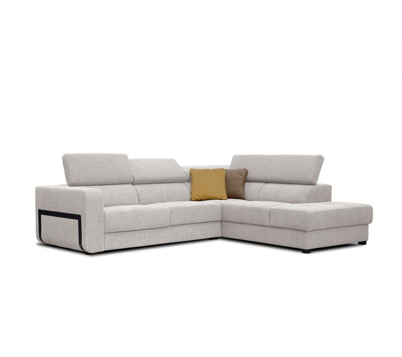 Canapé D'angle Droit Bergo 5 Places En Tissu Beige Clair Avec Coussins Déco