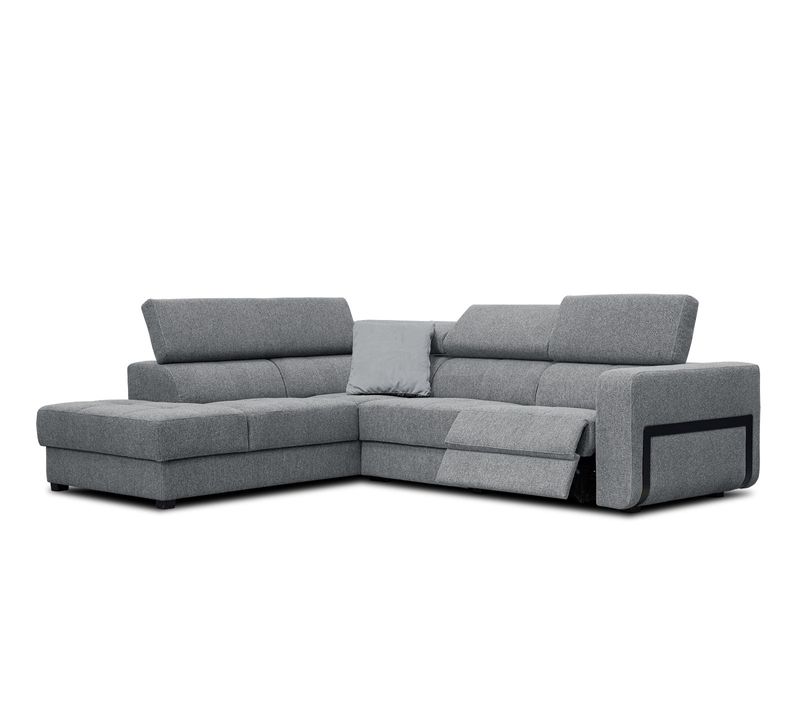 Canapé D'angle Gauche Bergo 5 Places Relax Électrique Tissu Gris Un Coussin Déco