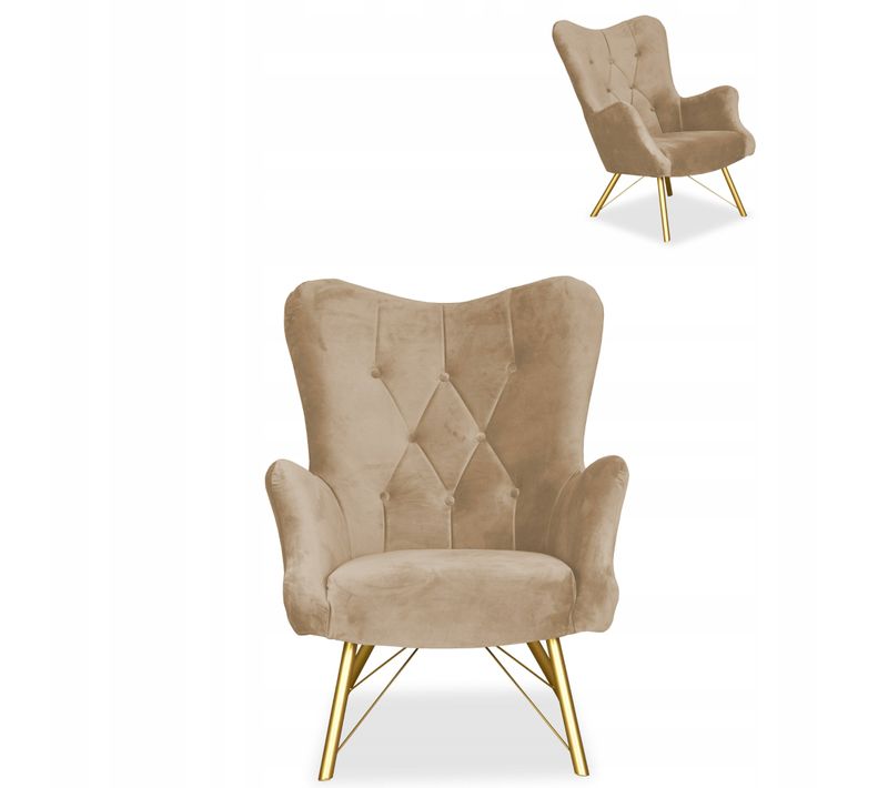 Fauteuil Scandinave à Oreilles Luna, Capitonné, Motif Coquille - Beige/marron