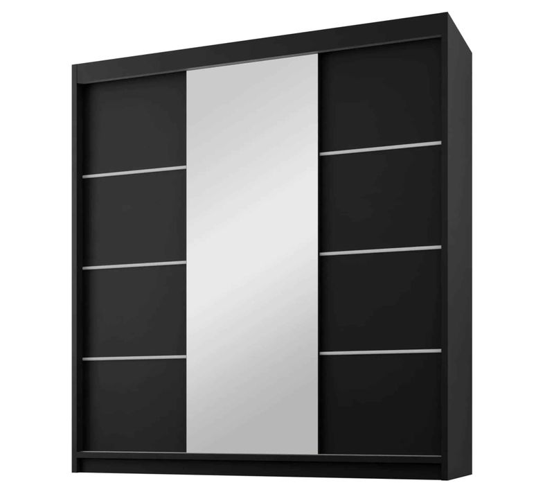 Armoire Milo 200cm – Armoire 3 Portes Coulissantes Avec Miroir, 4 Tiroirs, Noir