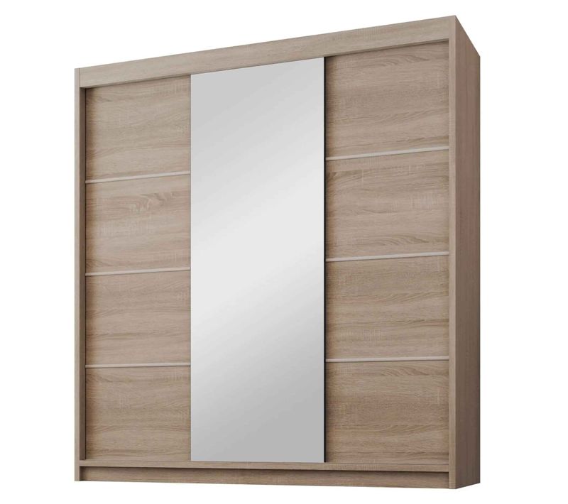 Armoire Milo 200cm – Armoire 3 Portes Coulissantes Avec Miroir, 4 Tiroirs, Chêne Sonoma