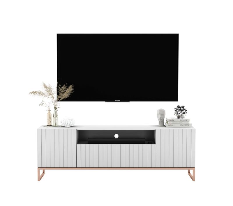 Meuble TV Elpis Façades Rainurées Blanc Mat 150 Cm Cadre En Métal