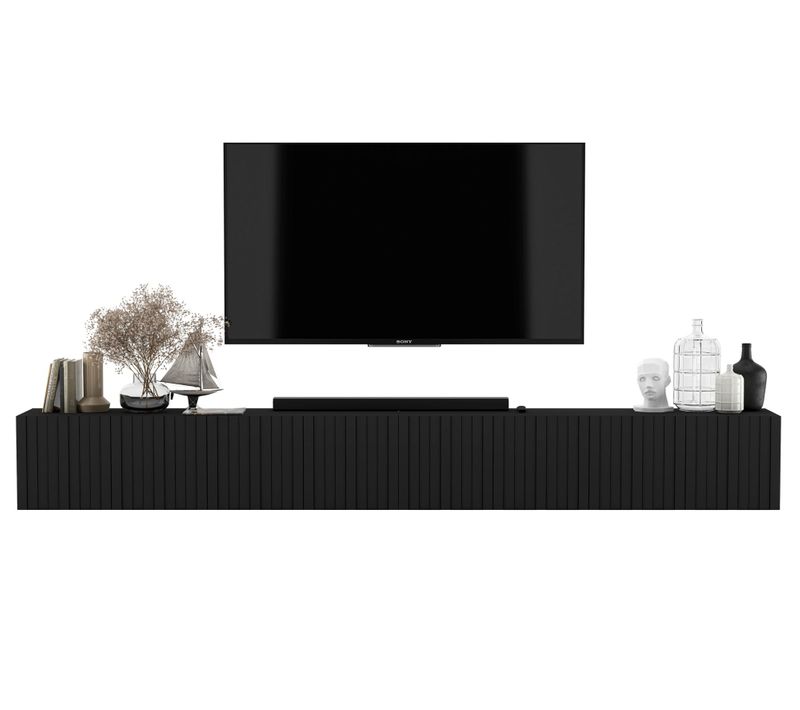 Meuble TV Suspendu Elpis Façades Rainurées Noir Mat 300 Cm