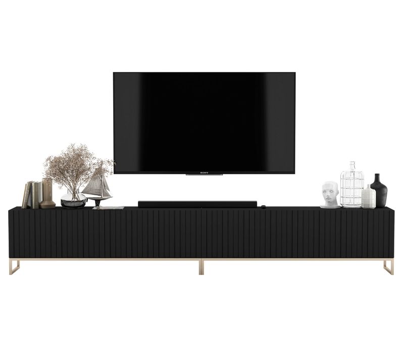 Meuble TV Elpis Façades Rainurées Noir Mat 300 Cm Cadre En Métal
