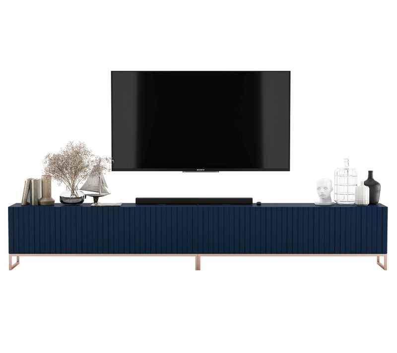 Meuble TV Elpis Façades Rainurées Bleu Marine Mat 300 Cm Cadre En Métal