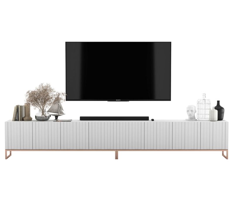 Meuble TV Elpis Façades Rainurées Blanc Mat 300 Cm Cadre En Métal
