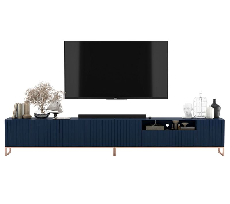 Meuble TV Elpis Façades Rainurées Bleu Marine Mat 300 Cm Cadre En Métal