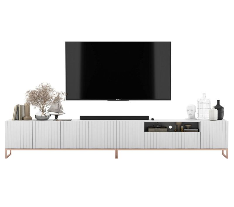 Meuble TV Elpis Façades Rainurées Blanc Mat 300 Cm Cadre En Métal