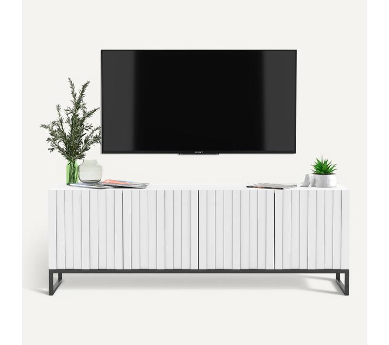 Meuble TV Elpis Façades Rainurées Blanc Mat 150 Cm Cadre En Métal Noir