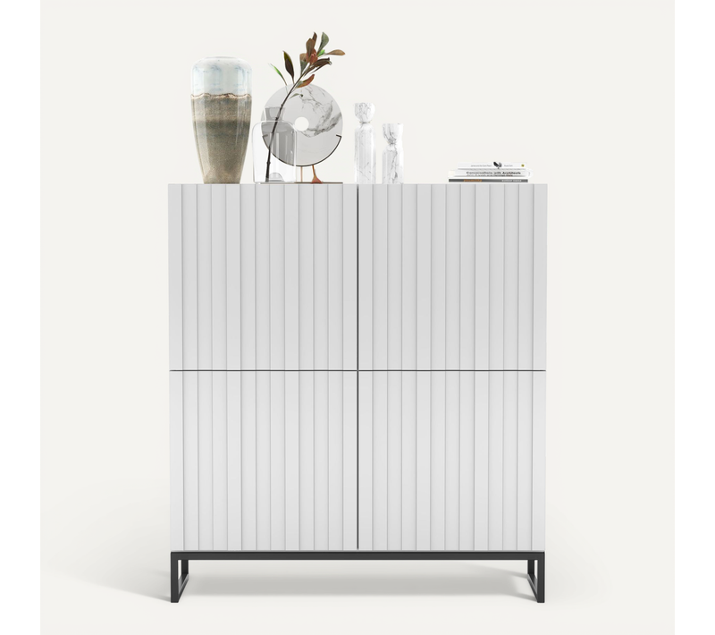 Buffet Elpis Façades Rainurées Blanc Mat 112 Cm Cadre En Métal Noir