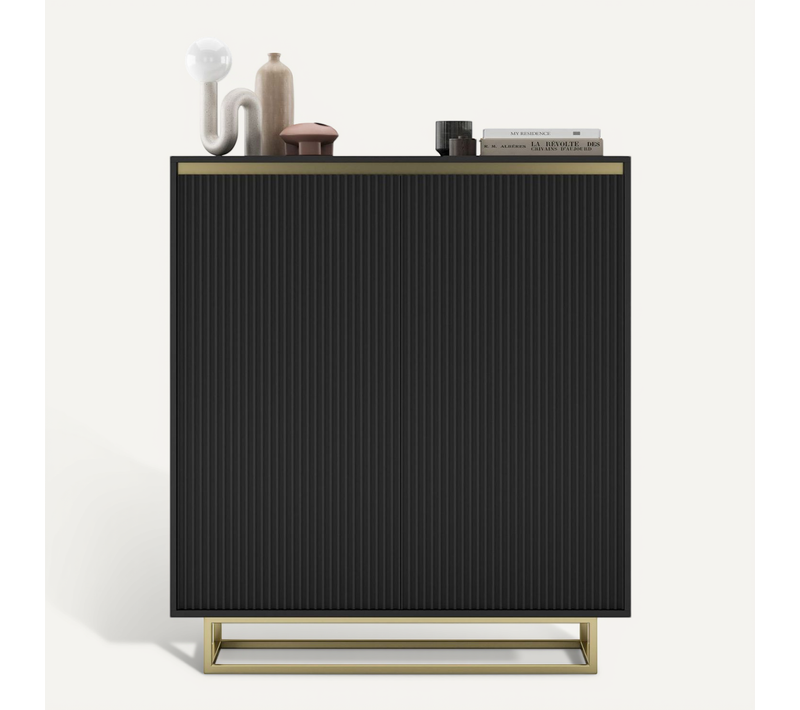 Buffet Selene Façades Rainurées Noir Mat 111 Cm Cadre En Métal Doré