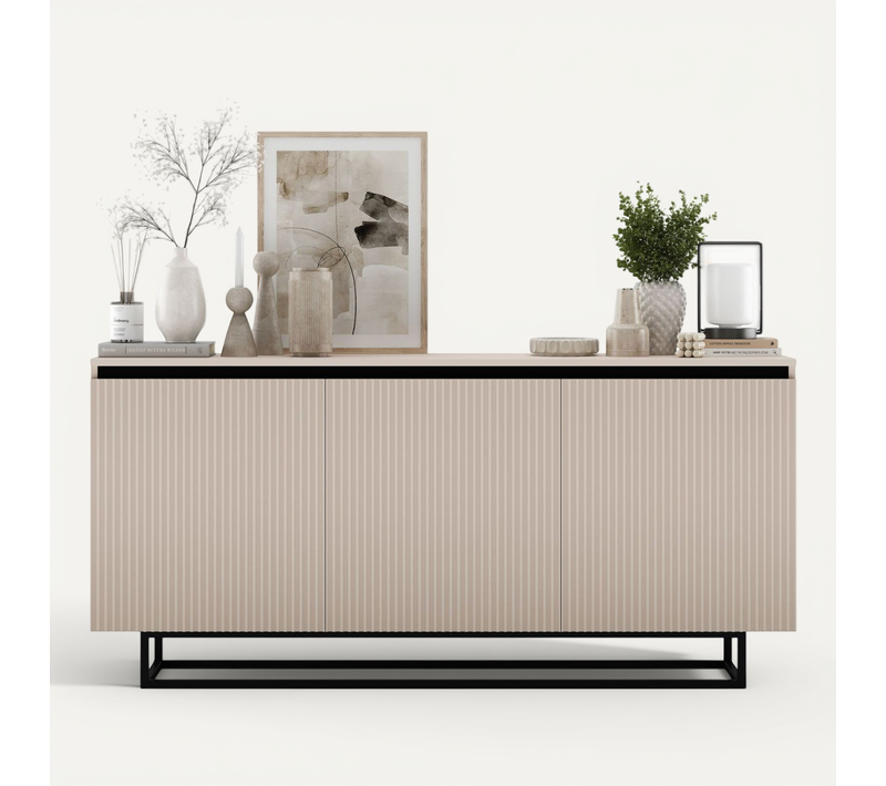 Buffet Selene Façades Rainurées Cachemire Mat 167 Cm Cadre En Métal Noir