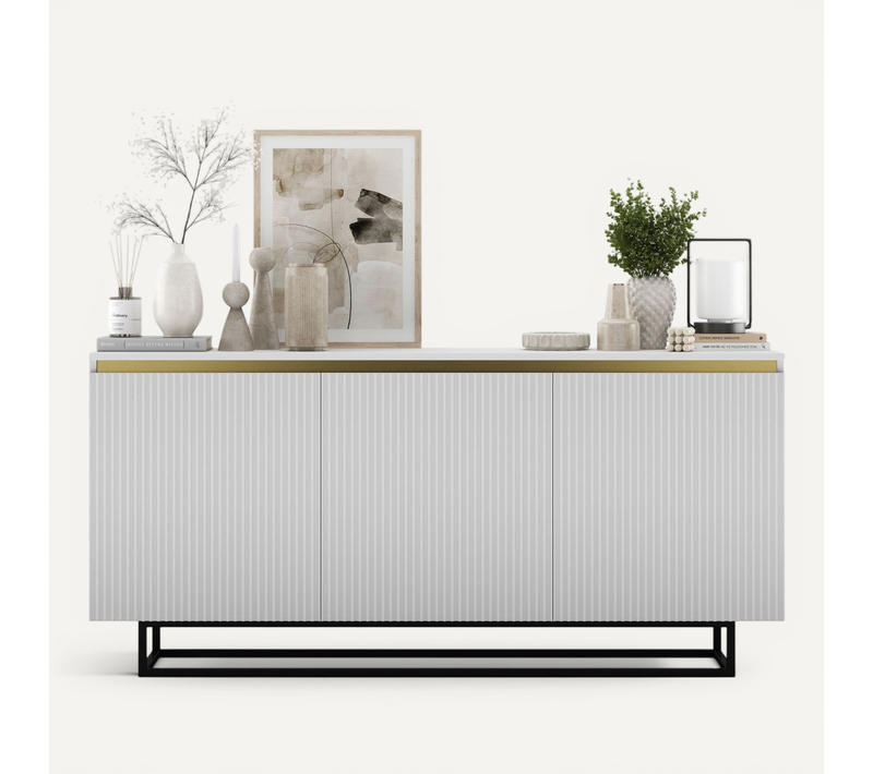 Buffet Selene Façades Rainurées Blanc Mat 167 Cm Cadre En Métal Noir