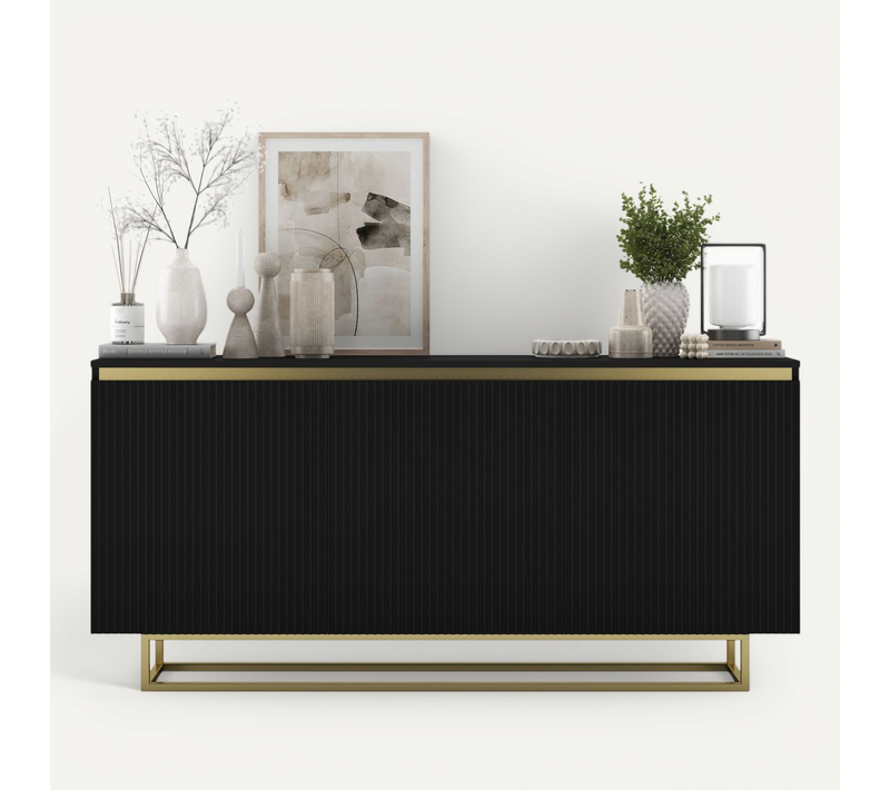 Buffet Selene Façades Rainurées Noir Mat 167 Cm Cadre En Métal Doré