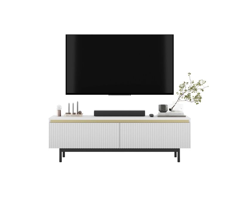 Meuble TV Selene Façades Rainurées Blanc Mat 140 Cm Cadre En Métal Noir